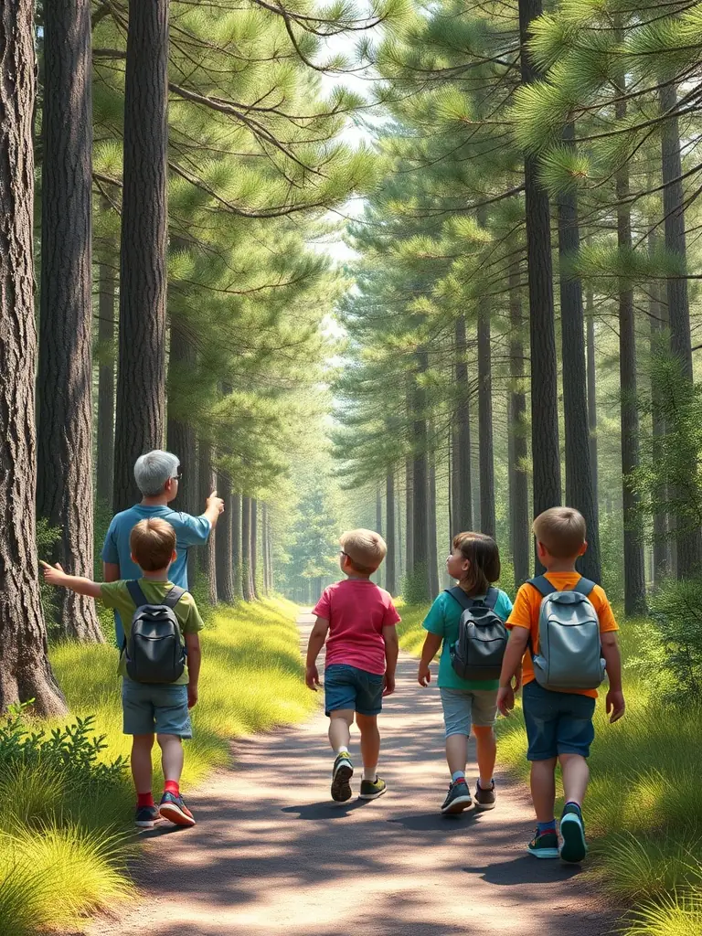 A group of children participating in a guided nature walk through a pine forest, led by an instructor, focusing on identifying different tree species and learning about forest ecology.