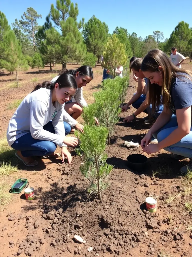 Volunteers planting saplings in a deforested area, working together to restore the pine forest ecosystem and promote biodiversity.