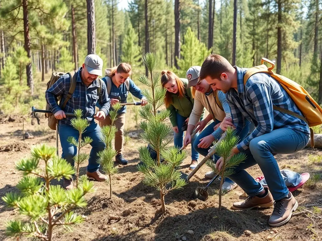 A group of volunteers planting trees in a local pine forest, showcasing a community reforestation project.