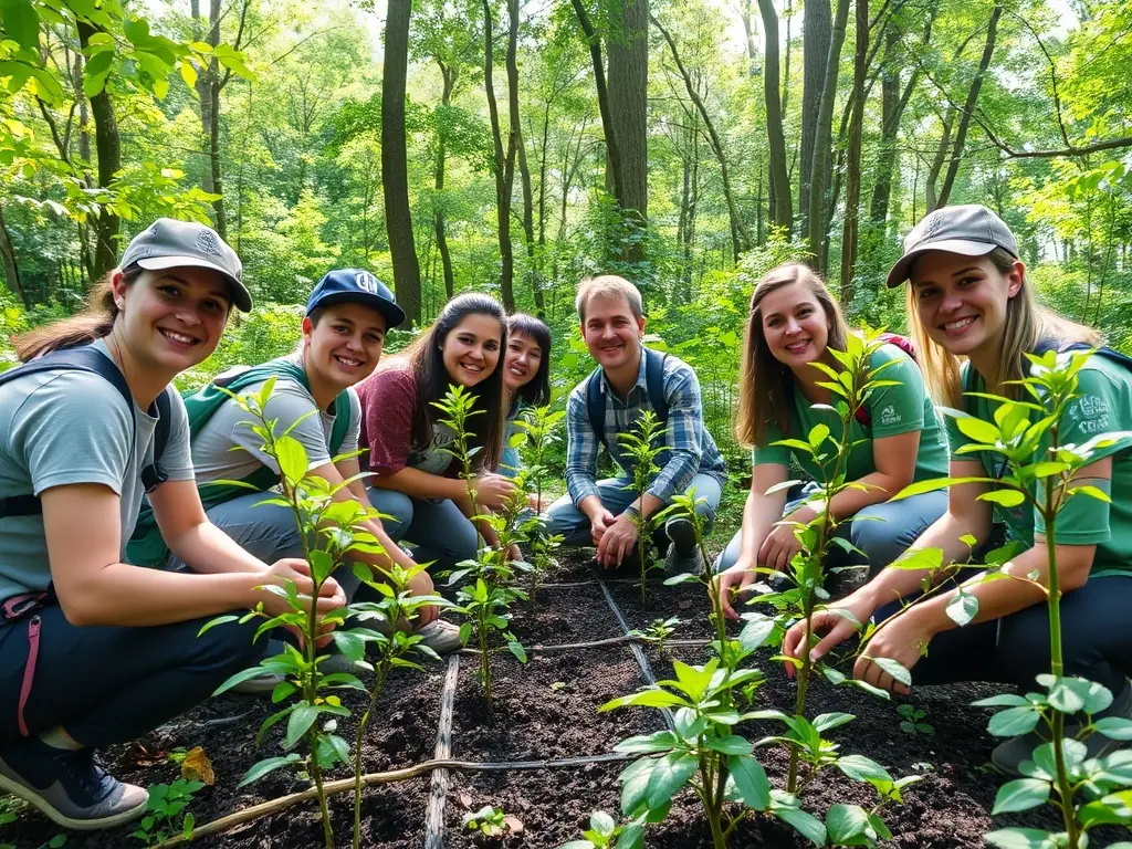 A group of volunteers planting saplings in a deforested area of the pine forest, symbolizing reforestation efforts.