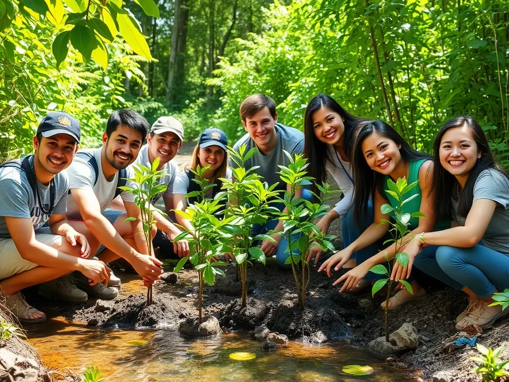 A group of volunteers planting saplings in a deforested area, symbolizing reforestation efforts and community involvement in environmental restoration.