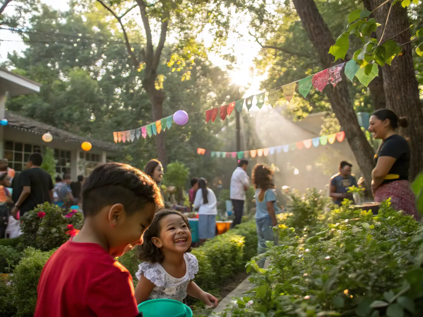A vibrant image of a community event held in a pine forest, showcasing cultural activities and promoting environmental awareness.