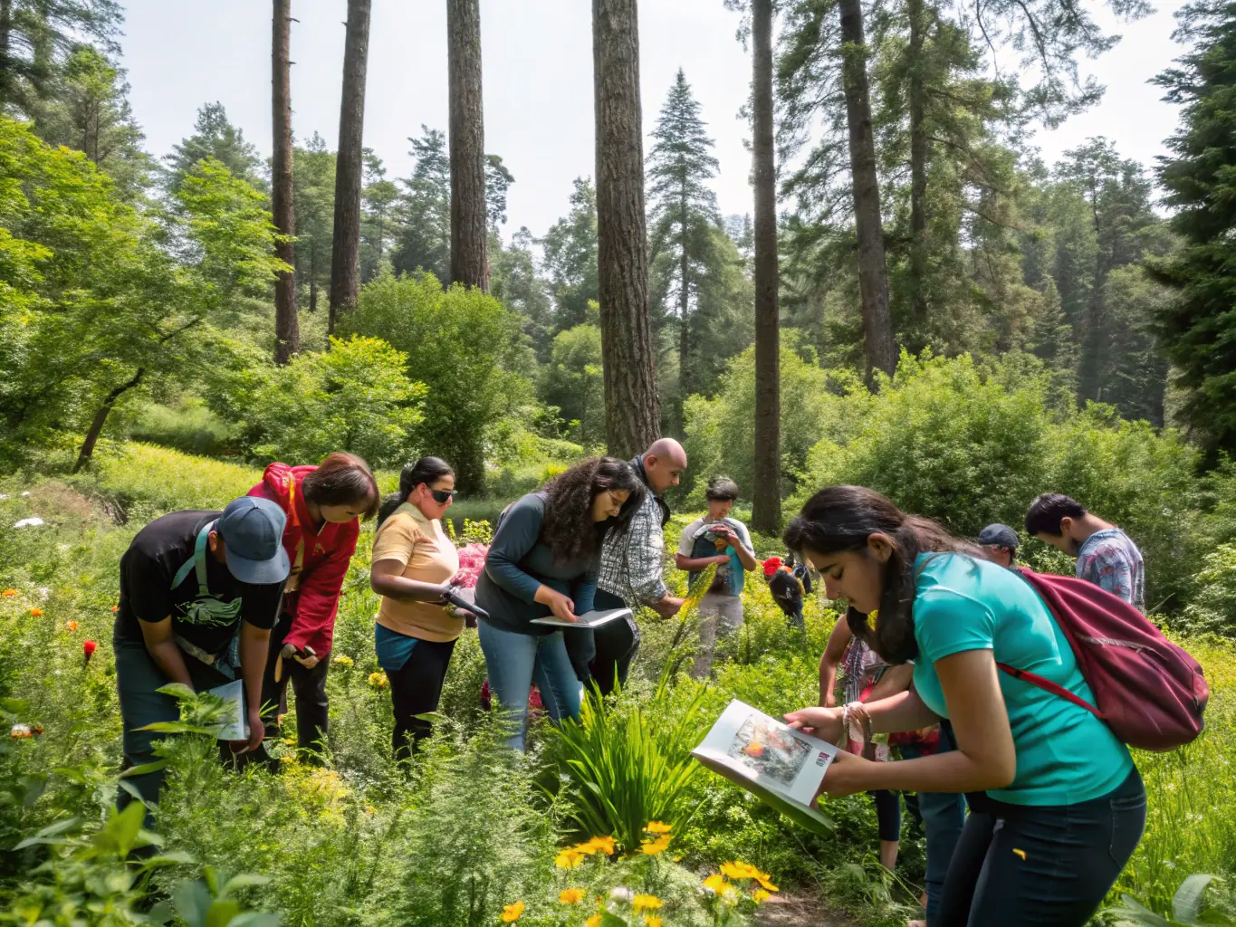 A diverse group of people participating in an educational workshop about local pine ecosystems, emphasizing hands-on learning and community engagement.