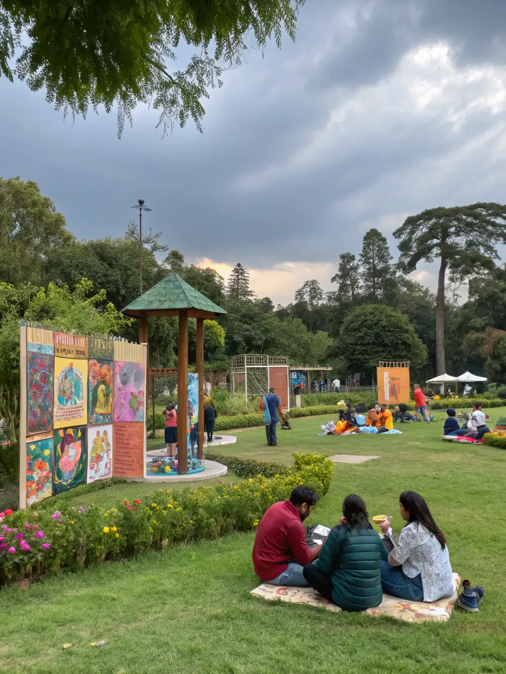 A community event featuring local artists displaying nature-inspired artwork, with families enjoying the exhibition and participating in art activities.