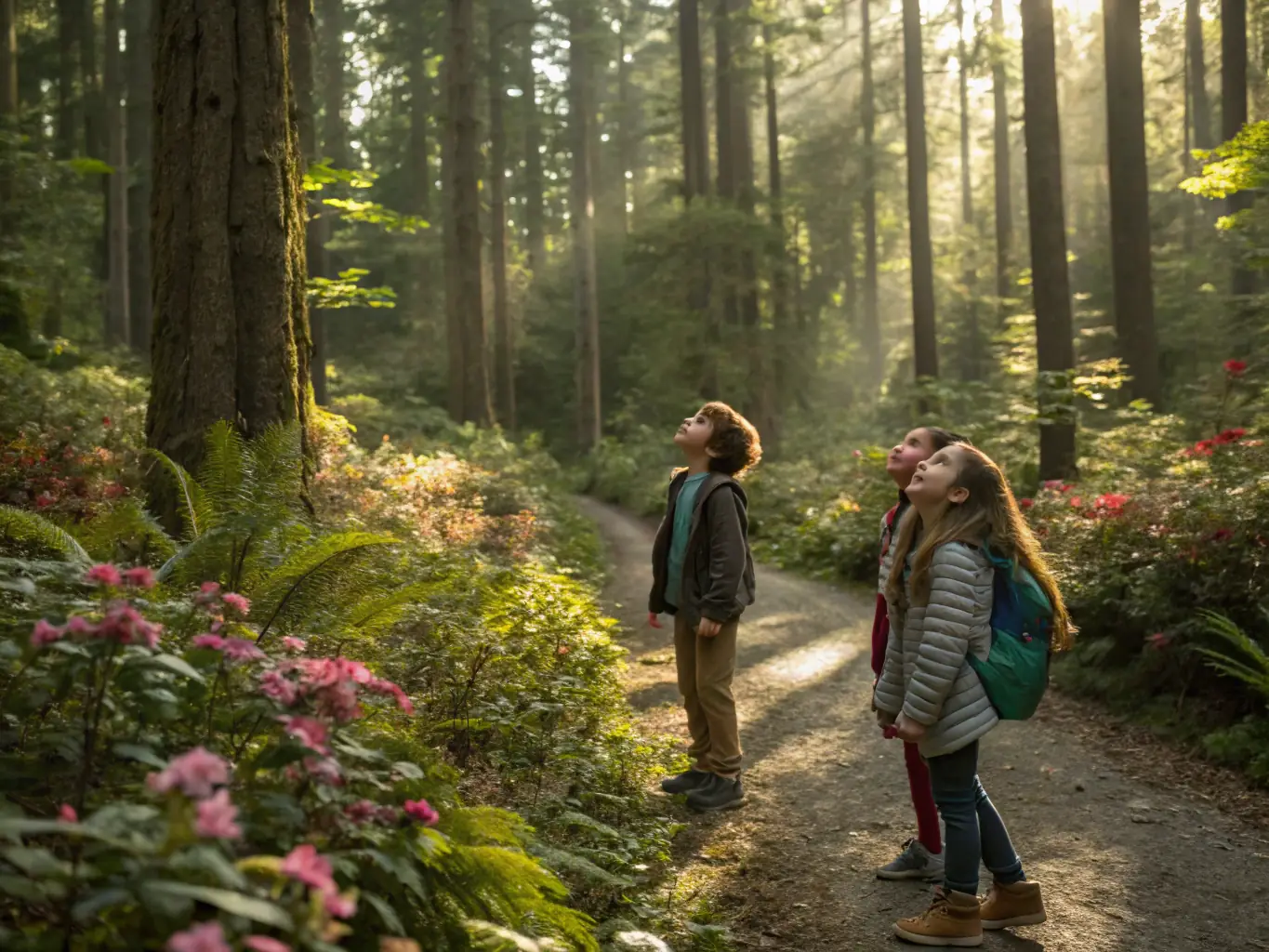 A photograph of children participating in a nature walk, learning about the local flora and fauna of the pine forest.