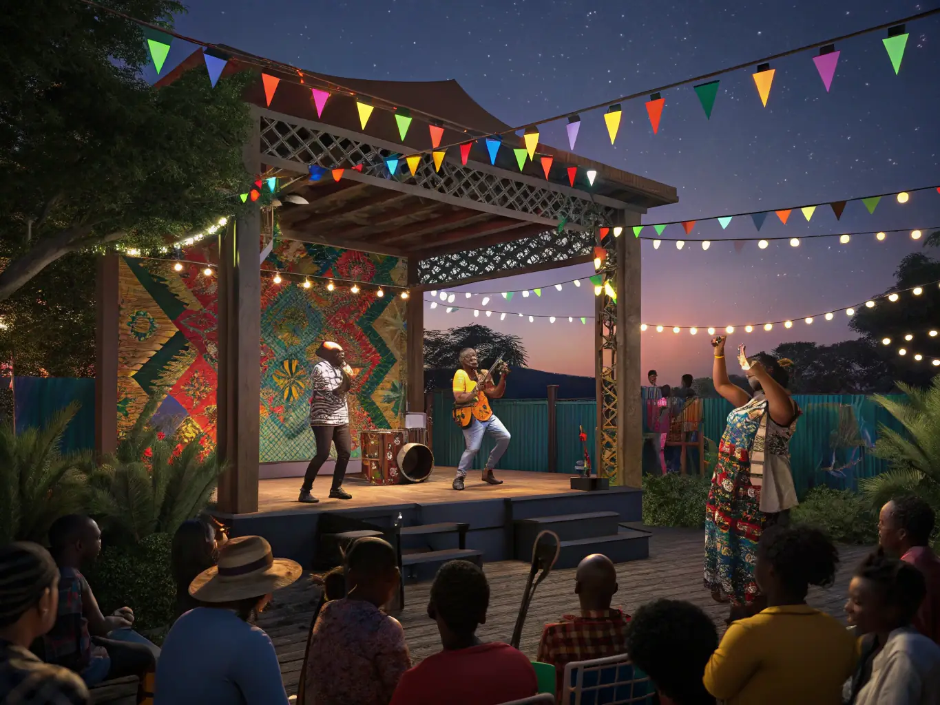 A captivating image of a community event showcasing local artists and cultural performances inspired by the natural beauty of the pine forests.