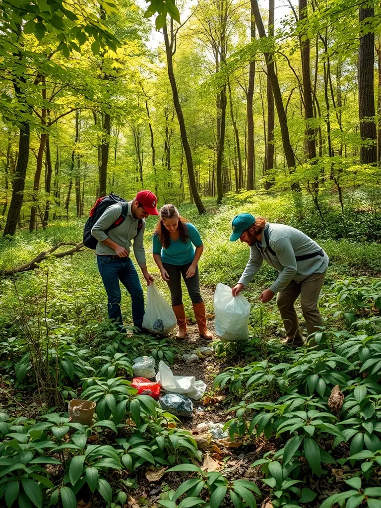 A group of volunteers cleaning up litter and debris from a forest trail, demonstrating their commitment to preserving the natural environment.